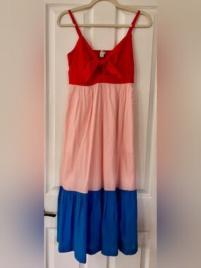 J. Crew 100% Cotton Red, Pink & Blue Tiered Maxi Skirt